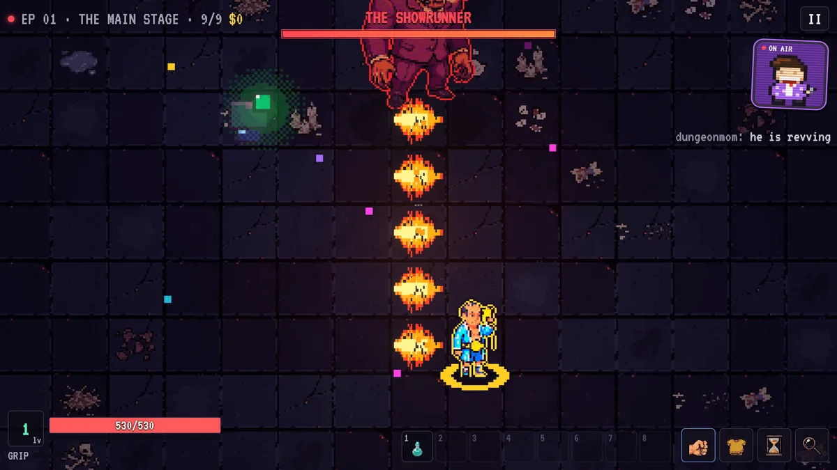 The Showrunner, the final boss, breathes a column of fire down the Main Stage while the contestant steps out of its path.