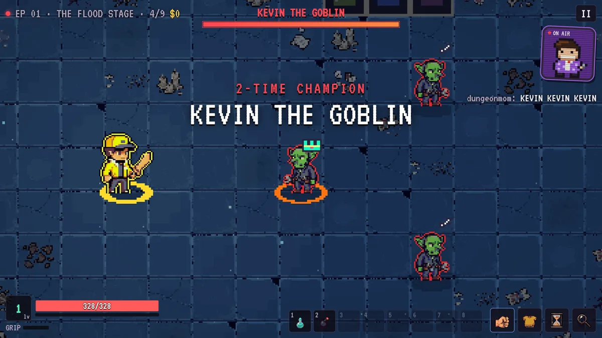 A returning rival, Kevin the Goblin, a two-time champion, wearing a crown and announced by a title card.