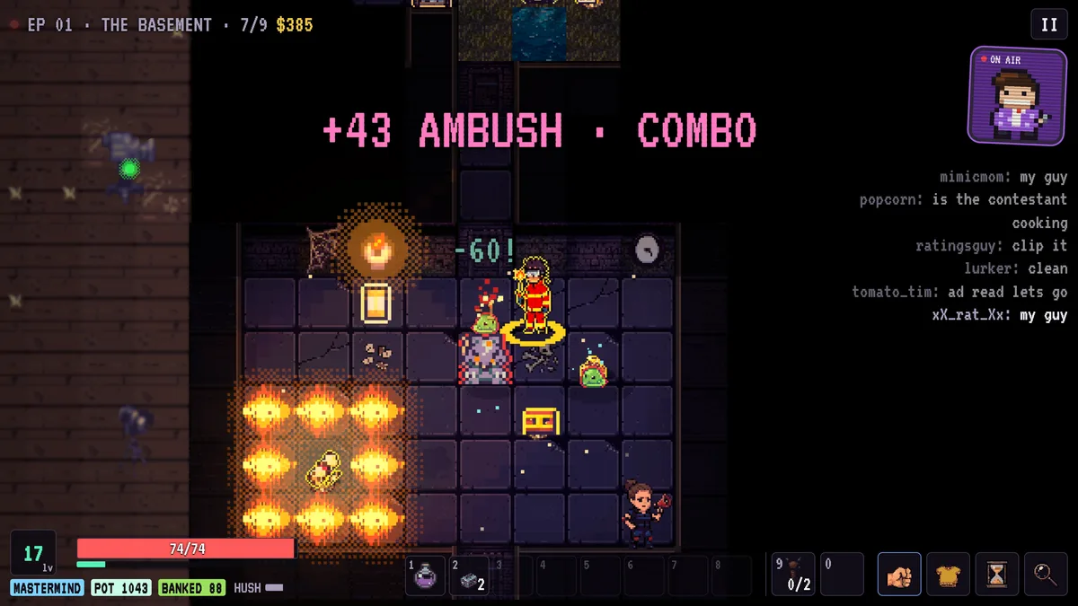 A fight in The Inferno, with lava pools beside the contestant.