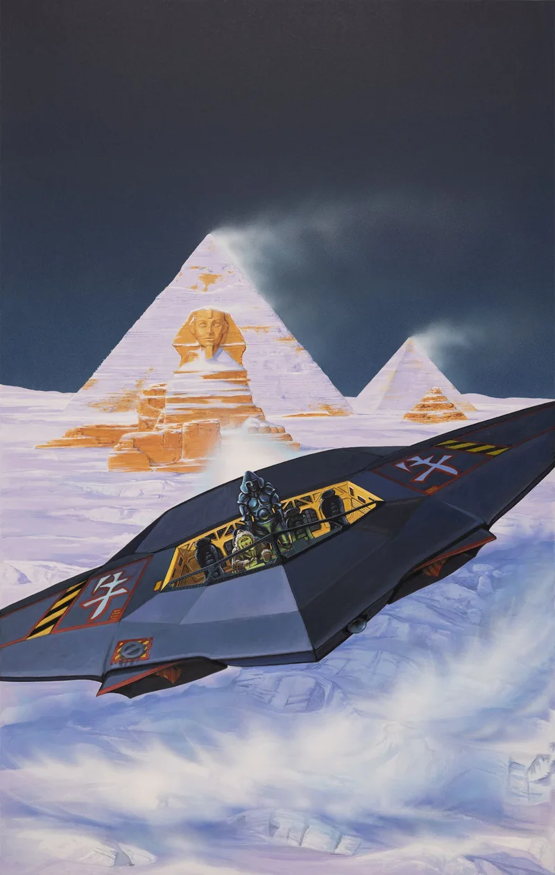 Heart of Ice cover art: a black hovercraft skims frozen dunes toward the Sphinx and pyramids, half buried in ice under a storm sky.