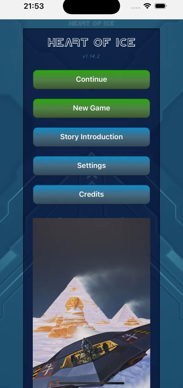 Title screen: Heart of Ice, with Continue, New Game, Story Introduction, Settings and Credits over the cover art.