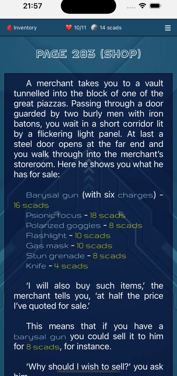 Page 283, the shop. A merchant's price list in scads: barysal gun, psionic focus, polarized goggles, flashlight, gas mask, stun grenade, knife.