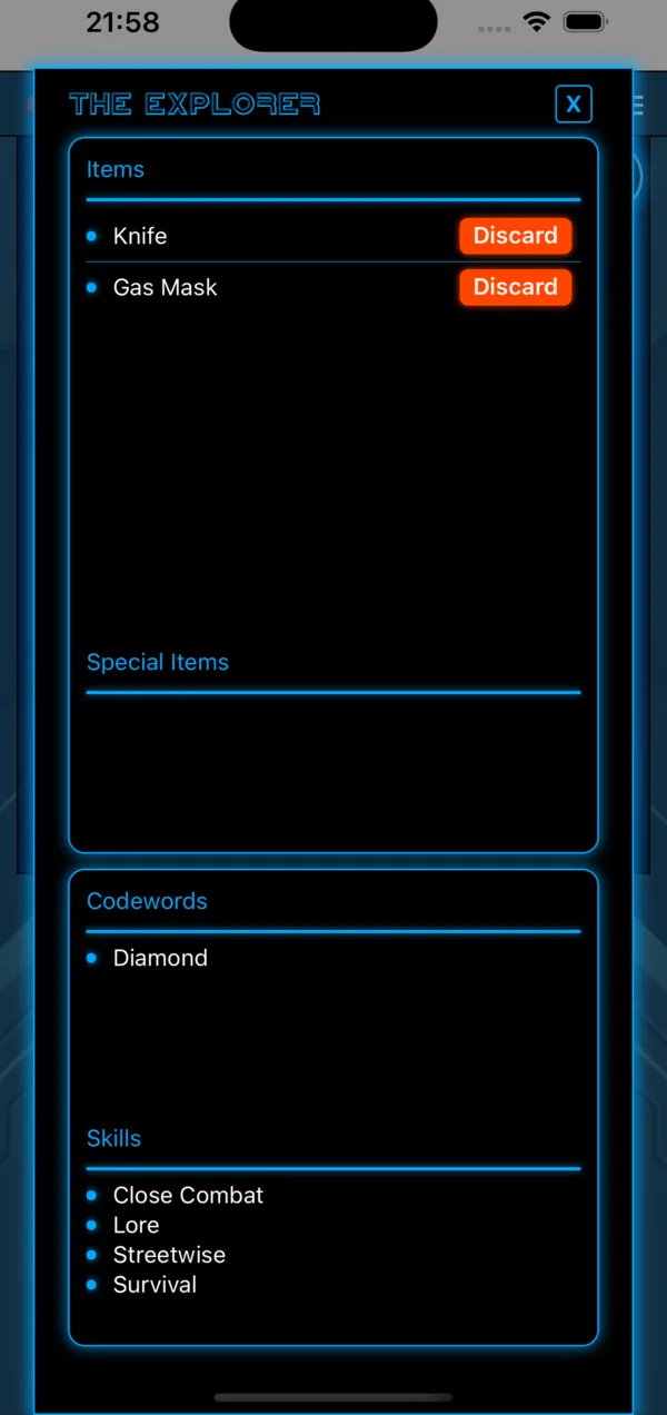 The Explorer's inventory sheet: knife, gas mask, codewords, and skills.