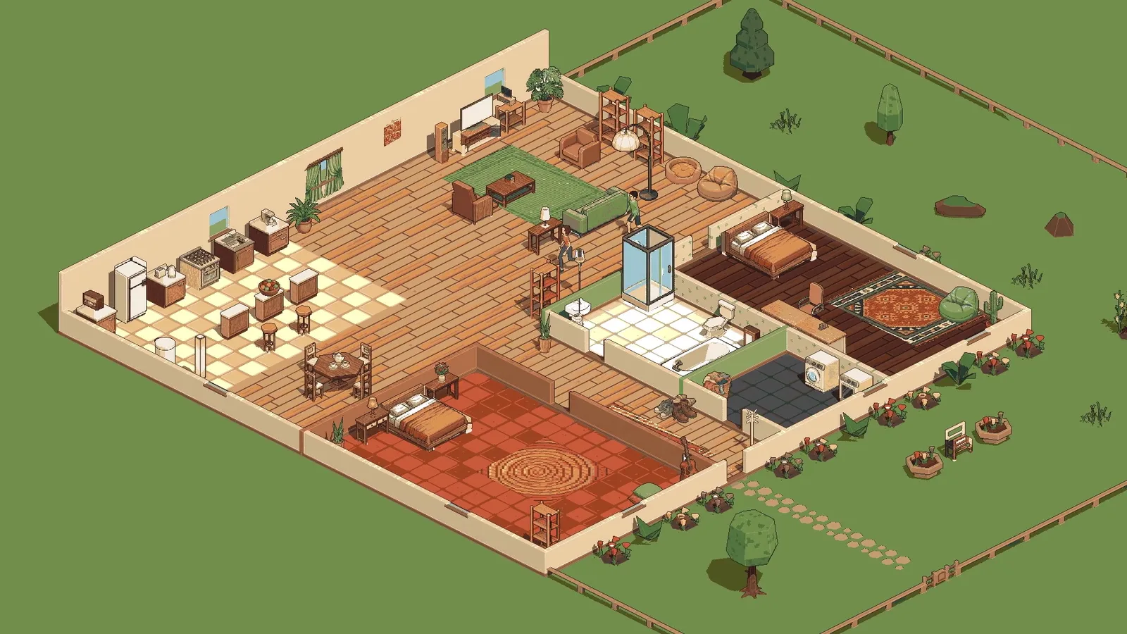 An isometric house on a green lawn, roof off: a checkered kitchen, a white-tiled bathroom with a glass shower, a living room with a green rug, and two bedrooms, one with a round rug on red tiles.