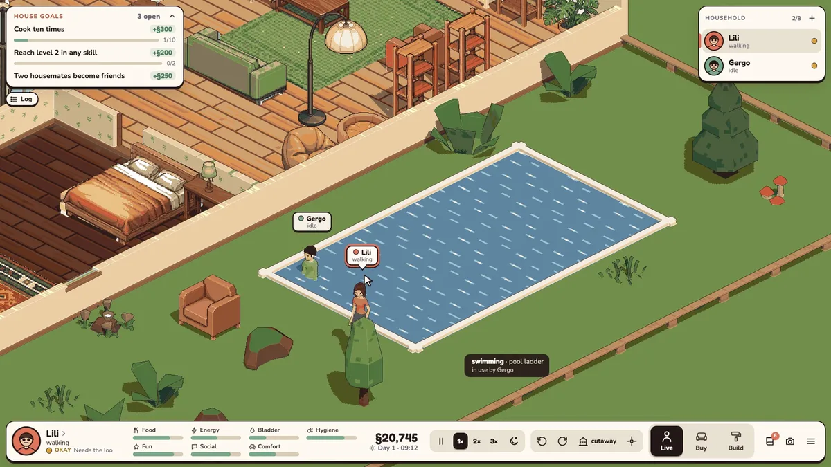 The back garden. Gergo is in the pool and Lili is walking to the ladder, with the house goals panel open in the corner.