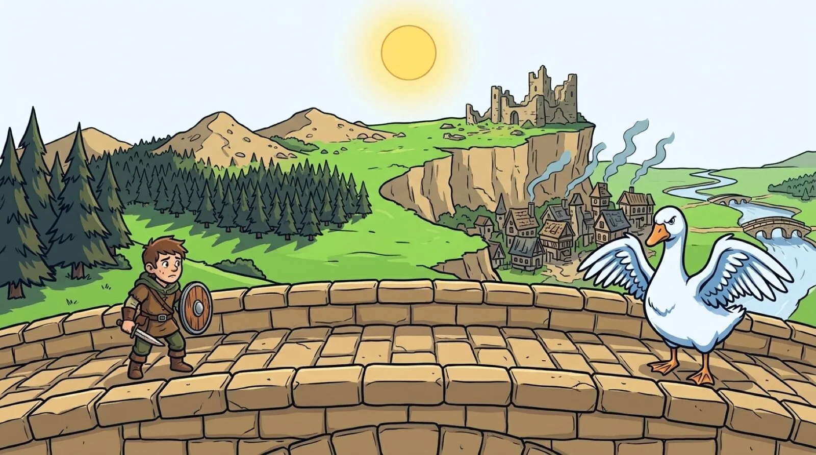 Cartoon key art: a young adventurer with a sword and round shield faces an angry goose on a stone bridge. Behind them, pine forest, a smoking village, and a ruined castle on a cliff.