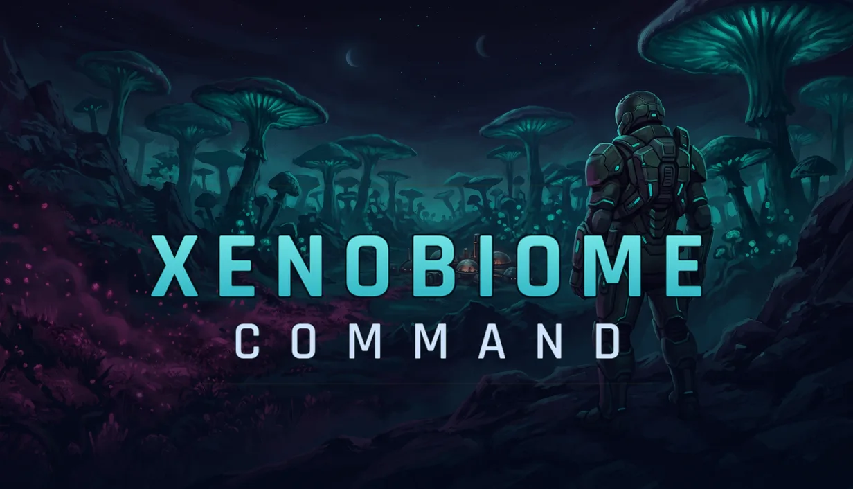 Xenobiome Command key art: an armoured colonist stands with their back to us, looking over a forest of glowing mushroom trees toward a small domed outpost.