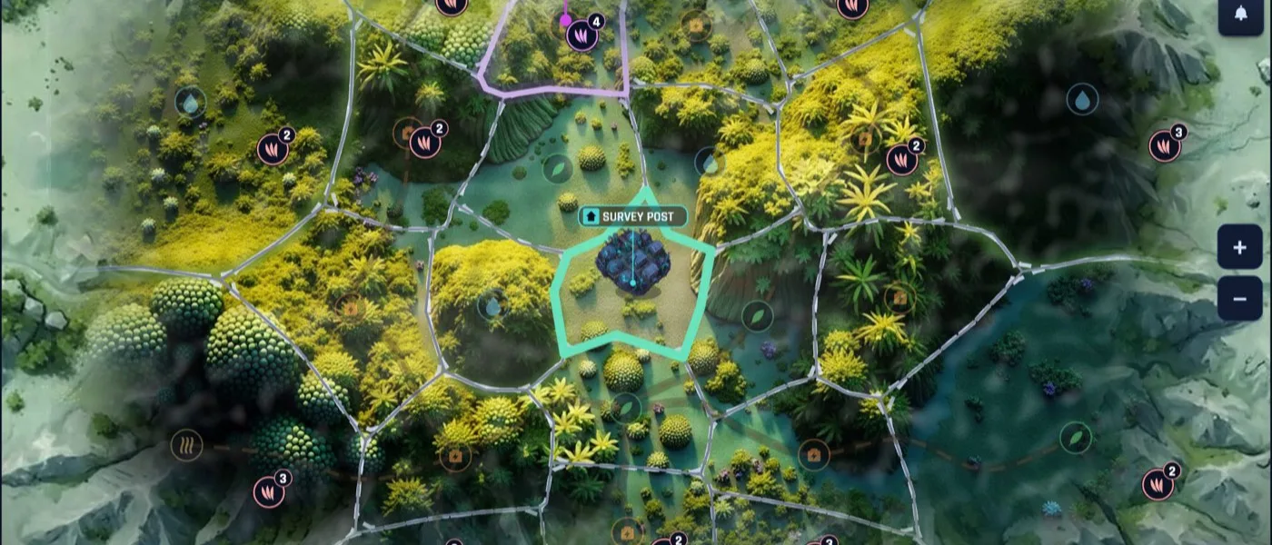 The oasis map at night, farms and beds clustered around water, the research tracks panel open.